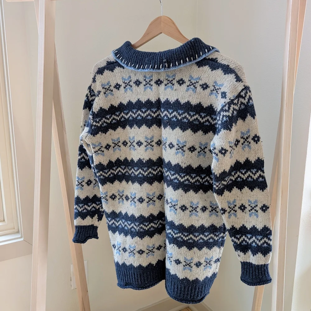 Vintage Fair Isle Abstract Chunky Collared Wool Blend Henley Sweater In Blue - Picture 5 of 6